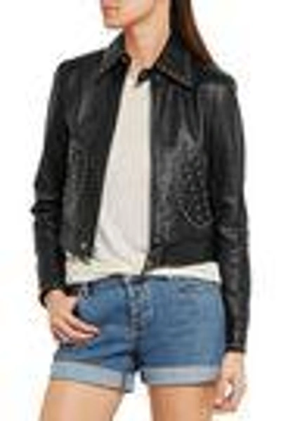 Shop Saint Laurent Woman Studded Leather Biker Jacket Black