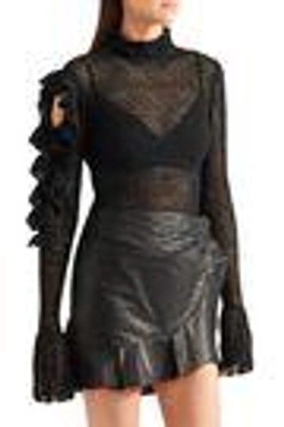 Shop Magda Butrym Woman Boa Ruffled Open-knit Cotton-blend Bodysuit Black