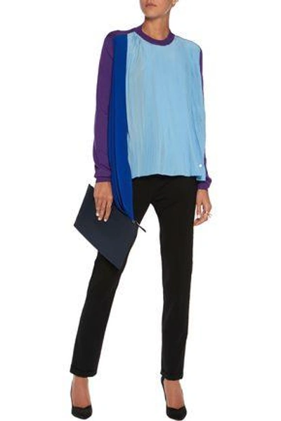 Shop Vionnet Woman Plissé-paneled Silk Top Sky Blue