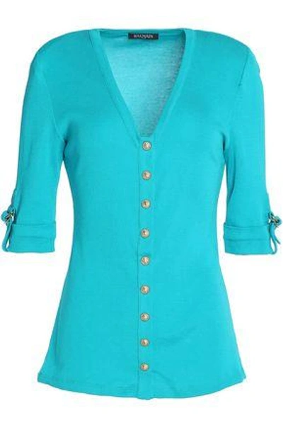 Shop Balmain Woman Button-detailed Cotton Top Turquoise