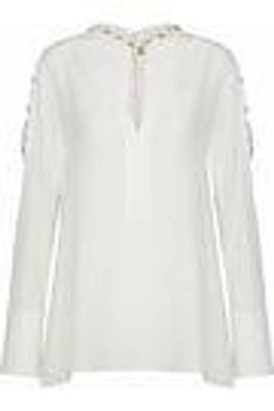 Shop Pierre Balmain Woman Embroidered Washed-silk Blouse Off-white