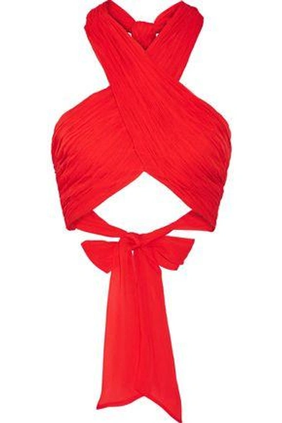 Shop Alice And Olivia Woman Leyna Cropped Linen-blend Plissé Halterneck Top Red