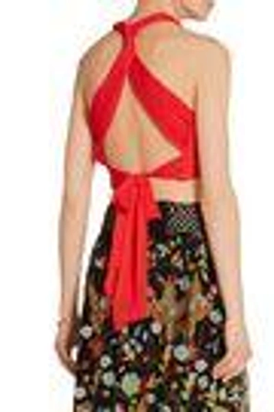 Shop Alice And Olivia Woman Leyna Cropped Linen-blend Plissé Halterneck Top Red