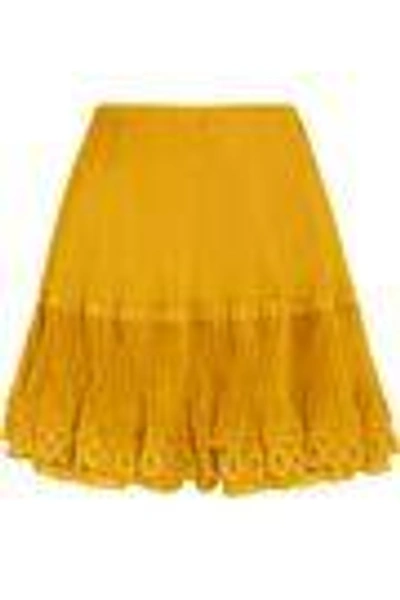 Shop Chloé Layered Plissé Silk-organza Mini Skirt In Mustard
