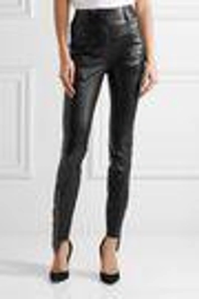 Shop Saint Laurent Eyelet-embellished Leather Skinny Pants In Black