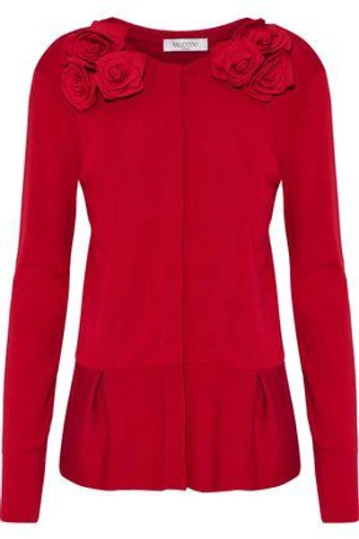 Shop Valentino Appliqued Stretch-knit Wool Sweater In Red