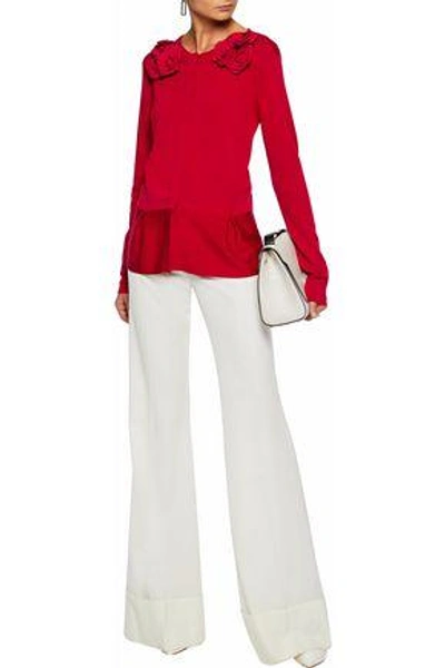 Shop Valentino Appliqued Stretch-knit Wool Sweater In Red