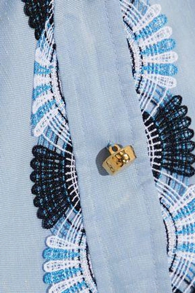 Shop Peter Pilotto Woman Cropped Cold-shoulder Crochet-trimmed Cotton And Linen-blend Top Sky Blue