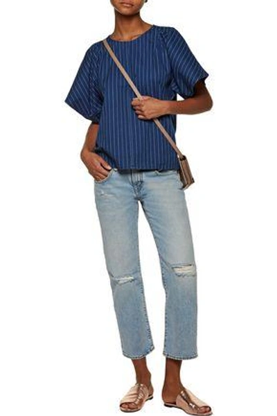 Shop M.i.h. Jeans Woman Mina Gathered Striped Cotton-canvas Top Storm Blue