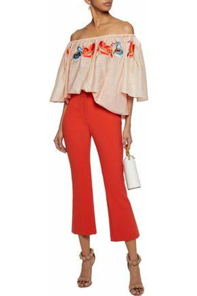 Shop Temperley London Woman Amity Off-the-shoulder Embroidered Cotton-voile Top Beige