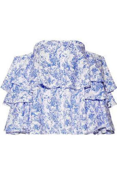 Shop Caroline Constas Carmen Off-the-shoulder Printed Cotton-blend Toile Top In Blue