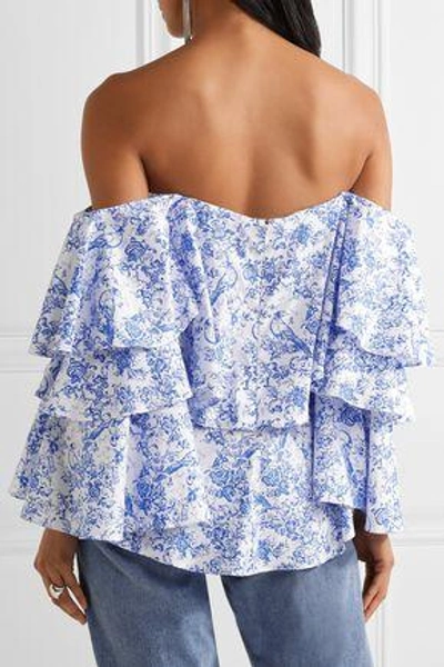 Shop Caroline Constas Carmen Off-the-shoulder Printed Cotton-blend Toile Top In Blue