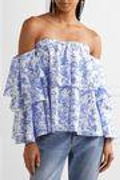 Shop Caroline Constas Carmen Off-the-shoulder Printed Cotton-blend Toile Top In Blue