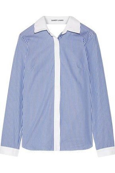Shop Sandy Liang Woman Enzo Open-back Wrap-effect Ruffled Striped Cotton-poplin Shirt Blue