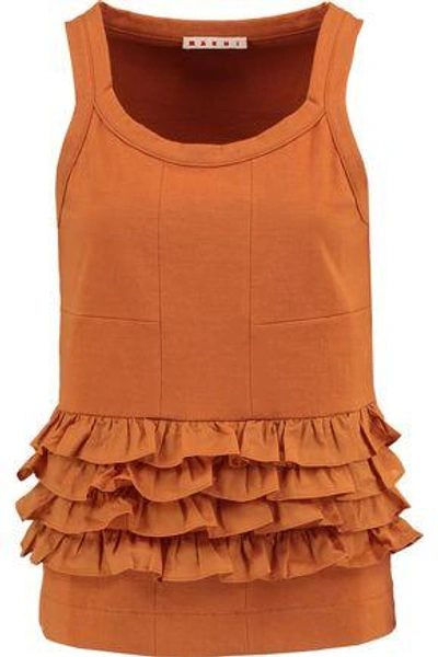 Shop Marni Woman Ruffled Voile-paneled Cotton-jersey Top Camel