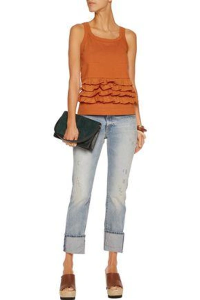 Shop Marni Woman Ruffled Voile-paneled Cotton-jersey Top Camel