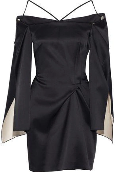 Shop Roland Mouret Woman Cold-shoulder Gathered Satin Mini Dress Black