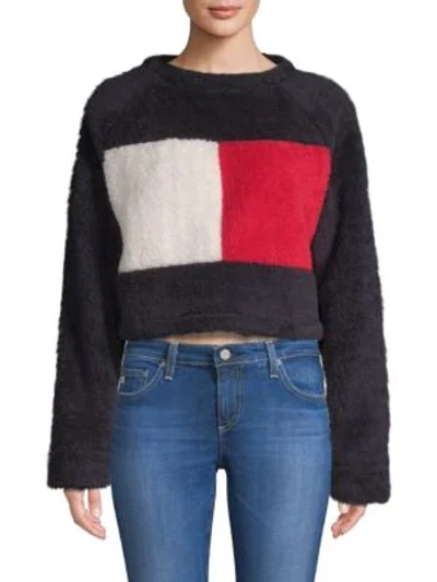 Shop Tommy Hilfiger Cropped Fleece Flag Sweater In Deep Well