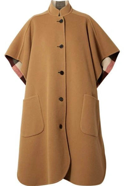 Shop Burberry Reversible Checked Wool-blend Cape In Camel