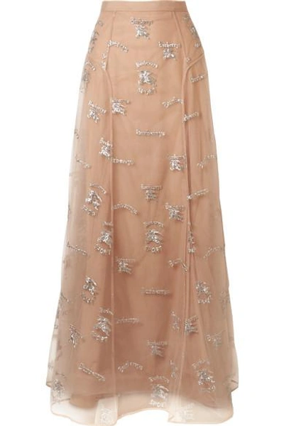 Shop Burberry Sybilla Embroidered Tulle Maxi Skirt In Blush