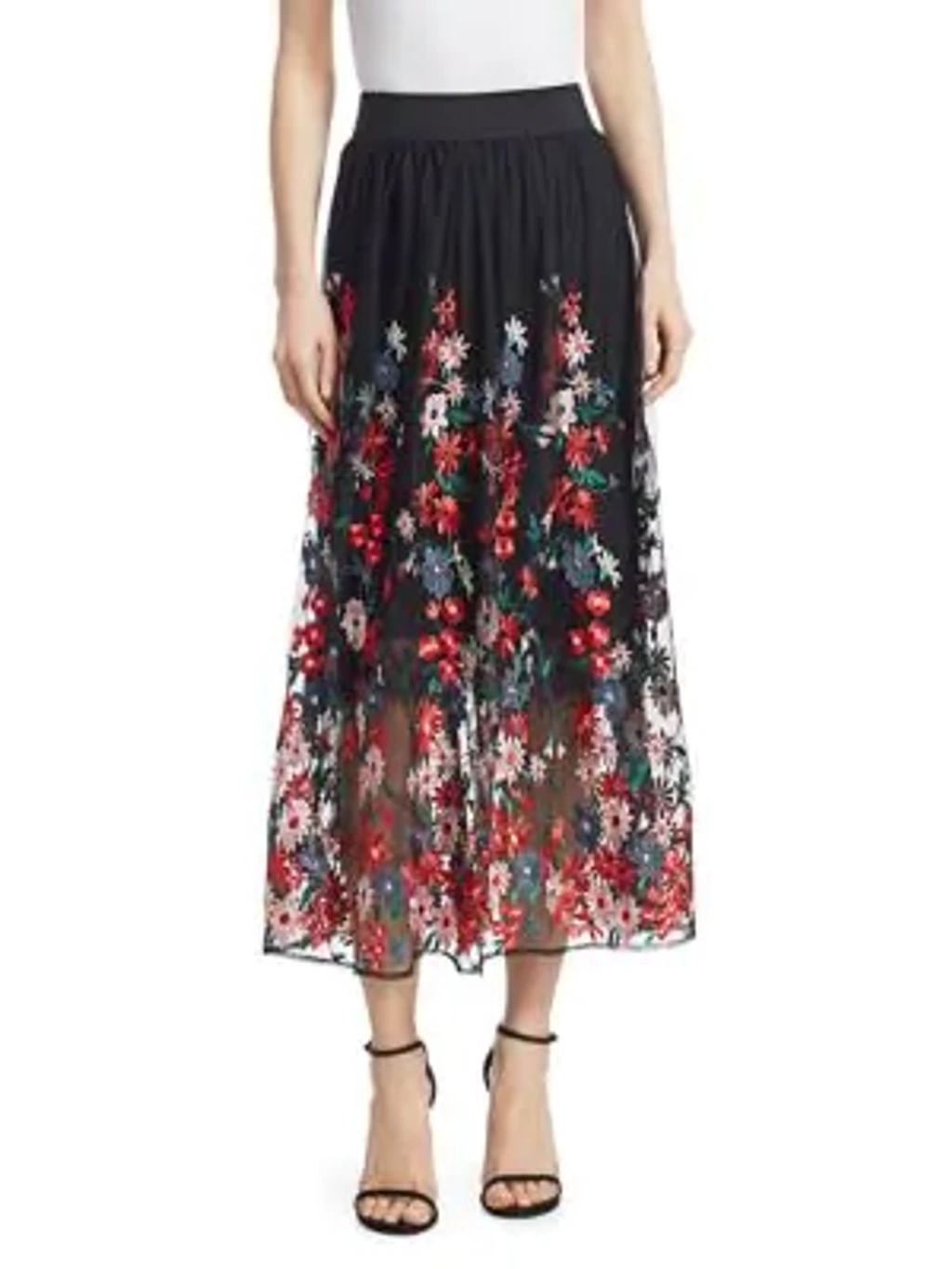 Maje Jamie Floral embroidered Tulle Midi Skirt In Black ModeSens