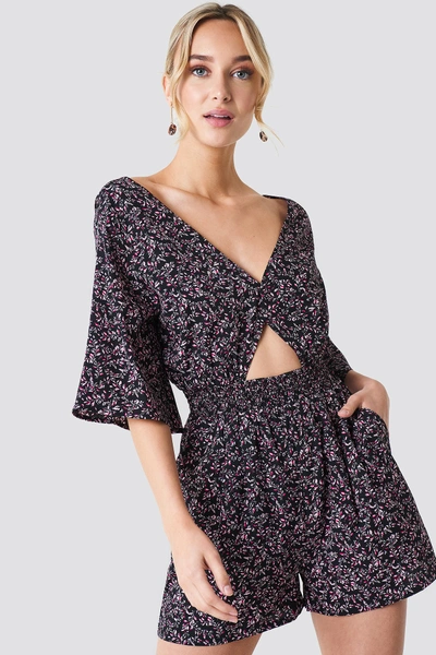 Shop Na-kd Cut Out Detail Playsuit - Multicolor In Black/pink Leaves