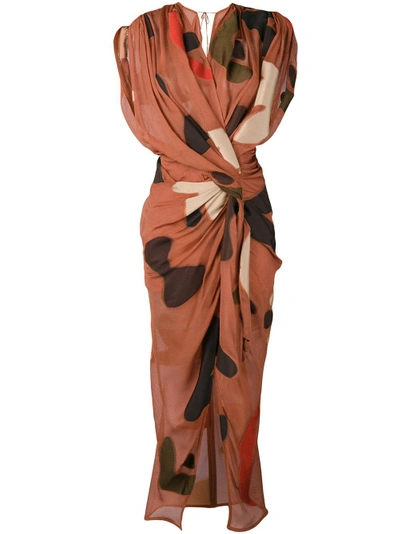 Shop Jacquemus Print Draped Midi Dress In Brown