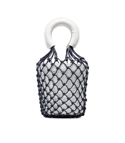 Shop Staud White And Navy Moreau Macrame Leather Bucket Bag In Navy White