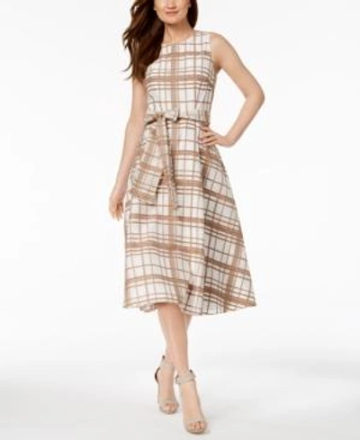 Shop Calvin Klein Belted Organza Jacquard Midi Dress In Khaki