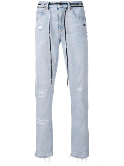 Shop Off-white Distressed Firetape Jeans In Blue