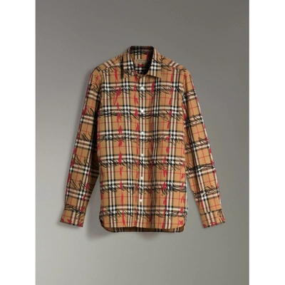 Burberry Scribble Check Cotton Shirt In Yellow | ModeSens