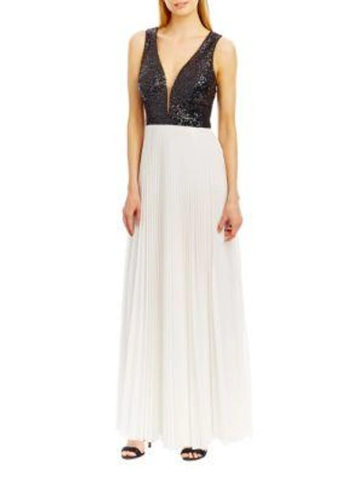 Shop Nicole Miller Deep-v Accented A-line Pleated Gown In Black-blue