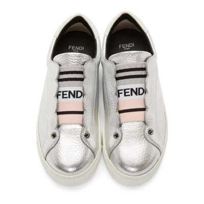 Shop Fendi Silver Metallic Knit Logo Sneakers In F12xr Silve