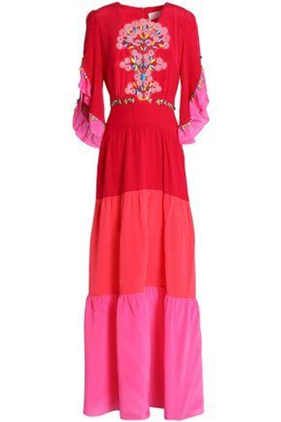 Shop Peter Pilotto Woman Appliqued Color-block Silk Crepe De Chine Maxi Dress Red