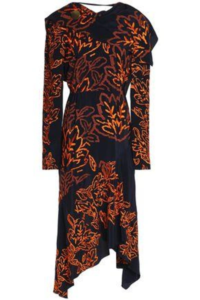 Shop Peter Pilotto Woman Asymmetric Embroidered Silk-crepe Dress Navy