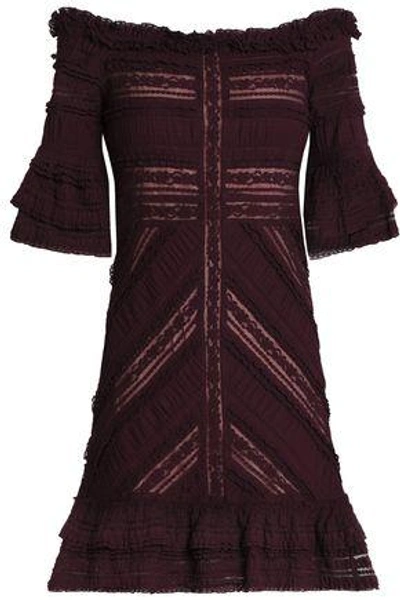 Shop Cinq À Sept Woman Naya Off-the-shoulder Ruffled Cotton-blend Lace Mini Dress Burgundy