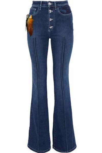 Shop Sonia Rykiel Embellished Embroidered Mid-rise Flared Jeans In Mid Denim