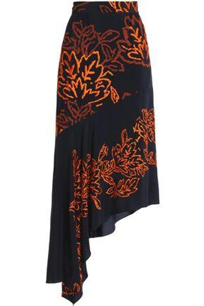 Shop Peter Pilotto Woman Asymmetric Embroidered Silk-crepe Skirt Midnight Blue