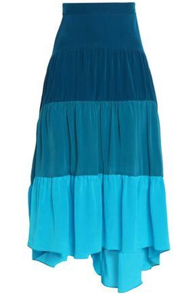 Shop Peter Pilotto Woman Gathered Color-block Silk Crepe De Chine Midi Skirt Blue