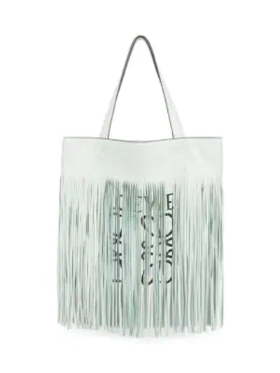Shop Loewe X Paula's Ibiza Vertical Fringe Leather Tote In Light Sea