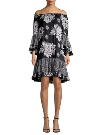Shop Kobi Halperin Natasia Silk Off-the-shoulder Flounce Dress In Black Multi