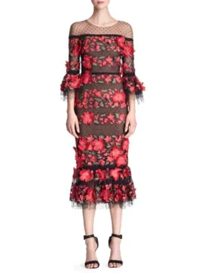 Shop Marchesa Notte Quarter-sleeve Floral Embroidered Cocktail Dress In Black