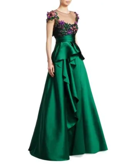 Shop Marchesa Notte Cap-sleeve Floral Illusion Gown In Emerald