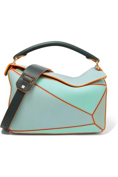 Shop Loewe + Paula's Ibiza Puzzle Color-block Textured-leather Shoulder Bag In Turquoise