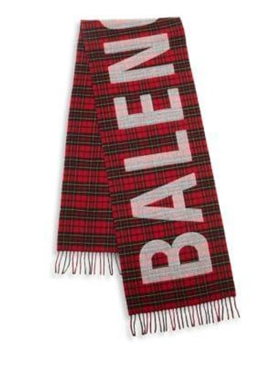 Shop Balenciaga Tartan Logo Wool Scarf In Red Black