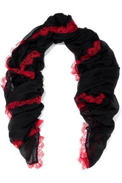 Shop Valentino Lace-trimmed Modal And Cashmere-blend Scarf In Black
