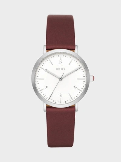 Shop Donna Karan Minetta Stainless-steel And Lacquer Leather Three-hand Watch In Burgundy/grey
