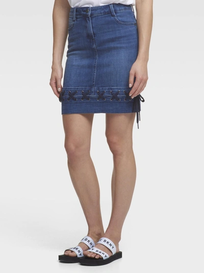 Shop Donna Karan Lace-up Denim Skirt In Dark Indigo