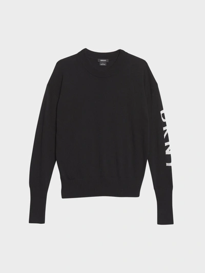 Shop Donna Karan Logo Sleeve Crew Neck Sweater In Black