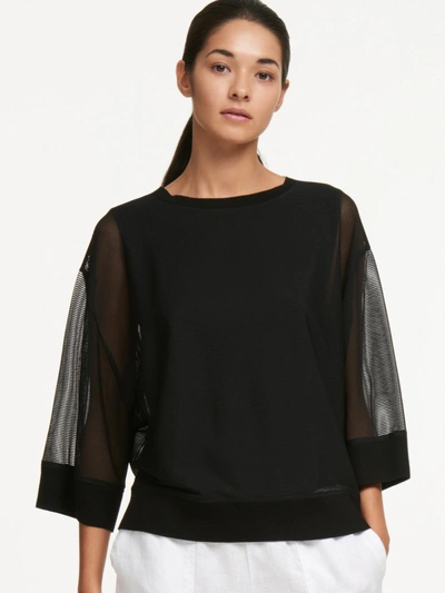 Shop Donna Karan Mesh Three-quarter Sleve Top With Ribbed Hem In Black